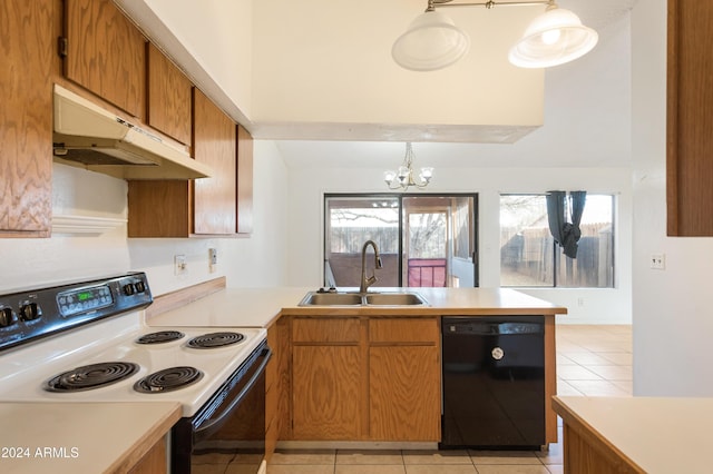 kitchen with dishwasher, pendant lighting, plenty of natural light, and white electric stove