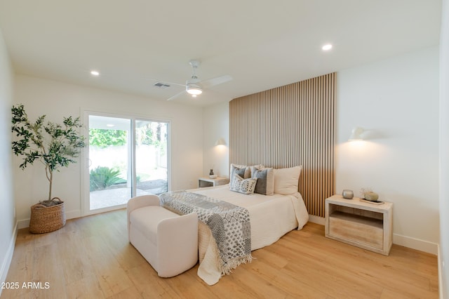 7127 N 79th St, Scottsdale, AZ 85258 - bedroom featuring access to outside, light wood-style flooring, baseboards, a ceiling fan, and recessed lighting