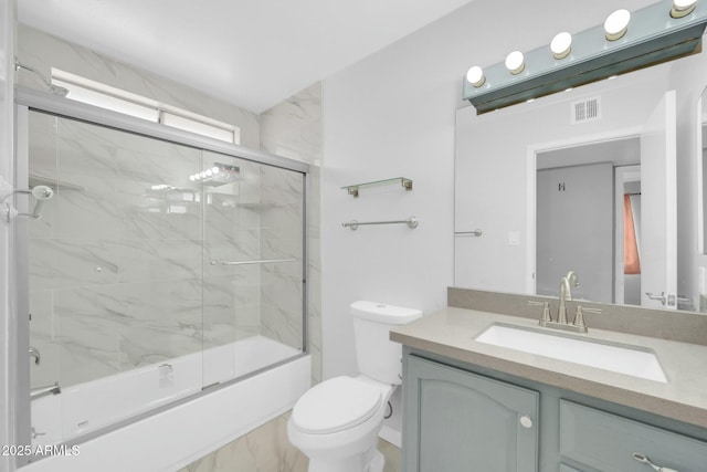 bathroom with toilet, combined bath / shower with glass door, vanity, and visible vents