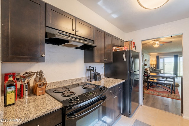 602 E Colgate Dr, Tempe, AZ 85283 - kitchen featuring black appliances, under cabinet range hood, dark brown cabinets, and ceiling fan