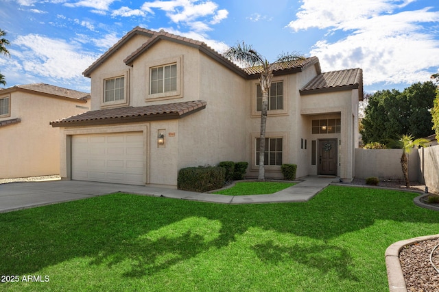 mediterranean / spanish-style home with a garage and a front lawn