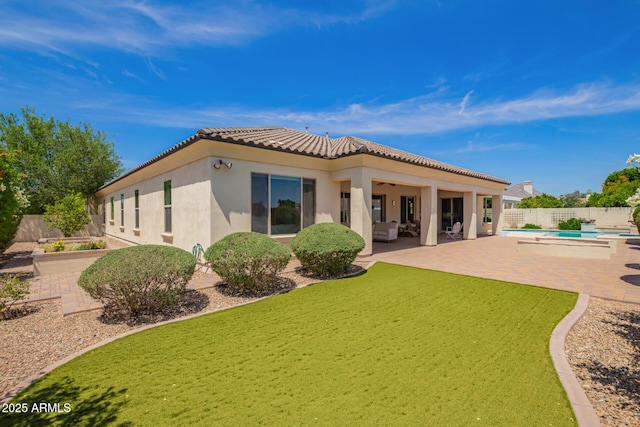 2457 E Melrose St, Mesa, AZ 85213 - rear view of property with stucco siding, a tile roof, a fenced backyard, and a patio area