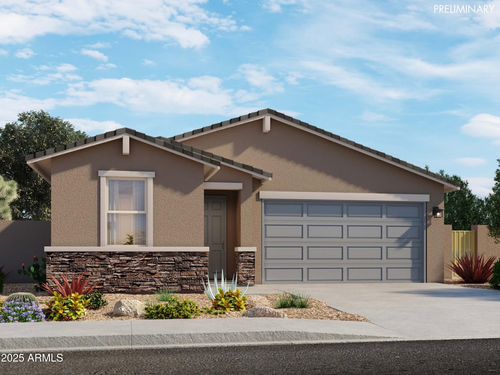 ranch-style home with a garage, stone siding, concrete driveway, and stucco siding