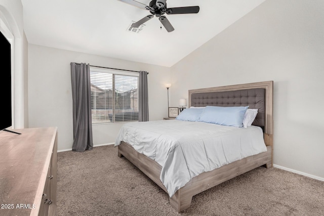 bedroom with visible vents, lofted ceiling, carpet, baseboards, and ceiling fan