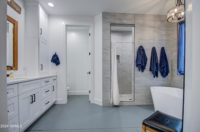 bathroom with walk in shower, concrete flooring, a notable chandelier, and toilet