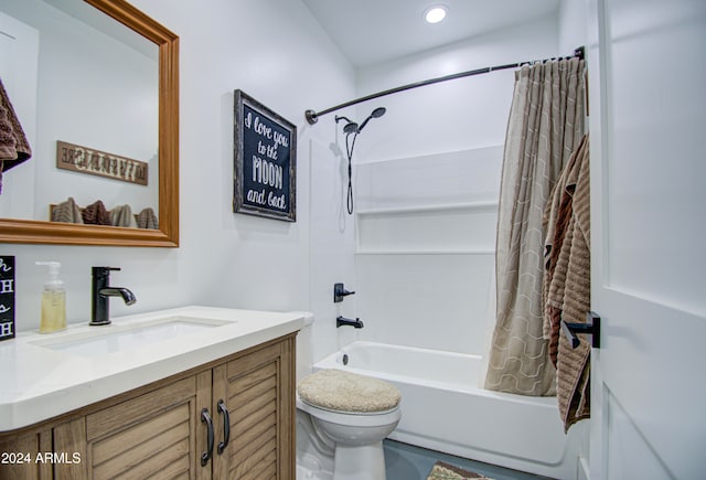 full bathroom with toilet, shower / tub combo with curtain, and vanity