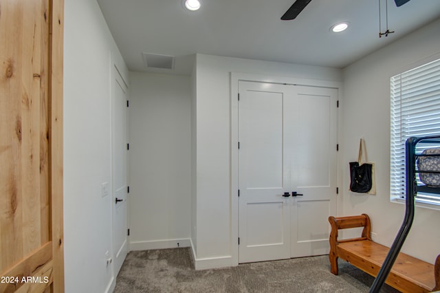 living area with carpet and ceiling fan