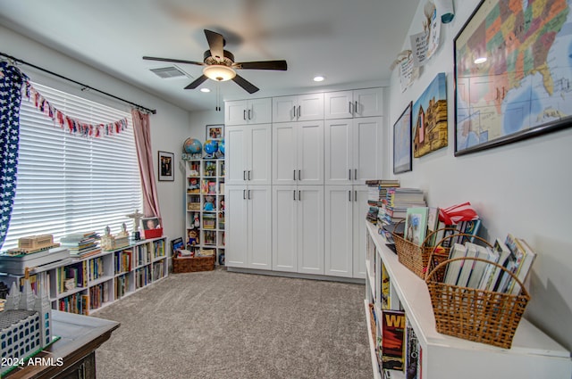 recreation room featuring ceiling fan and carpet floors