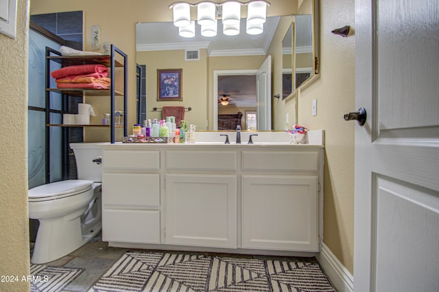 bathroom featuring ceiling fan, hardwood / wood-style flooring, toilet, vanity, and crown molding