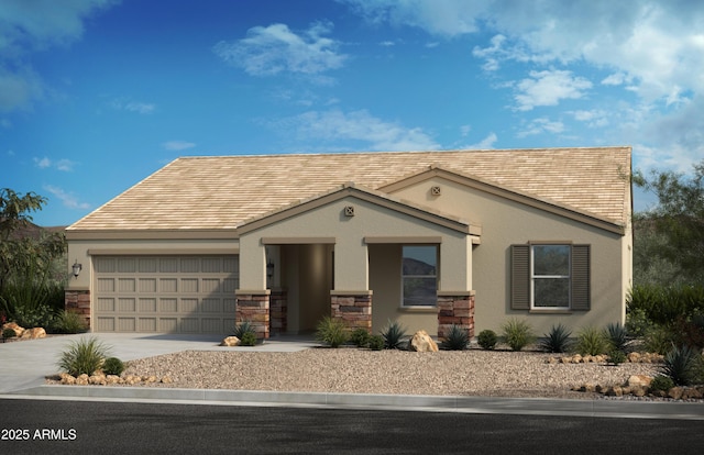 view of front of house featuring an attached garage, stone siding, concrete driveway, and stucco siding