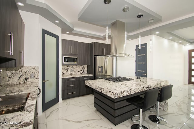 kitchen with backsplash, a kitchen island, appliances with stainless steel finishes, a tray ceiling, and island range hood