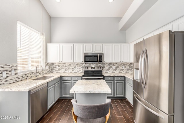 kitchen featuring wood finish floors, gray cabinets, a sink, appliances with stainless steel finishes, and decorative backsplash