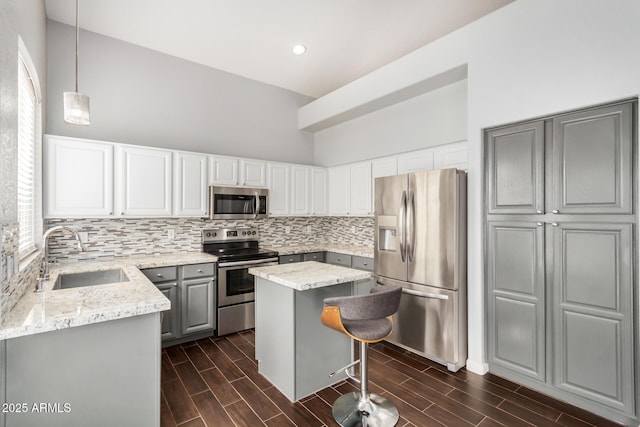 kitchen featuring gray cabinets, a sink, stainless steel appliances, decorative backsplash, and wood tiled floor