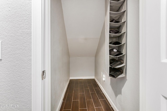 walk in closet with lofted ceiling and wood tiled floor