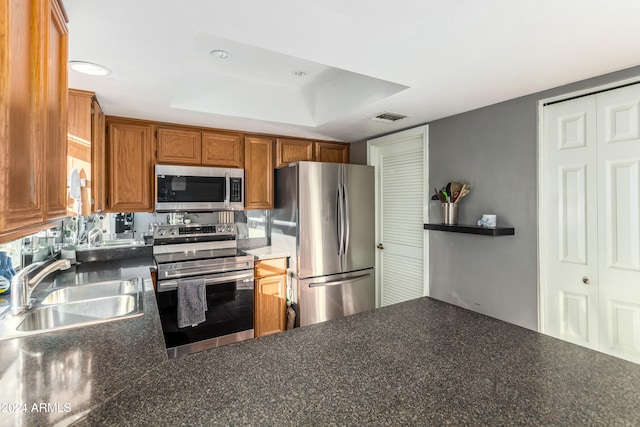 kitchen with sink, appliances with stainless steel finishes, and a raised ceiling