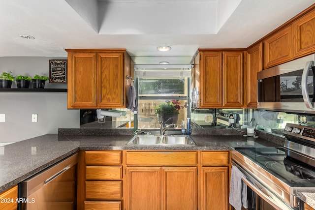 kitchen with sink, appliances with stainless steel finishes, and a tray ceiling