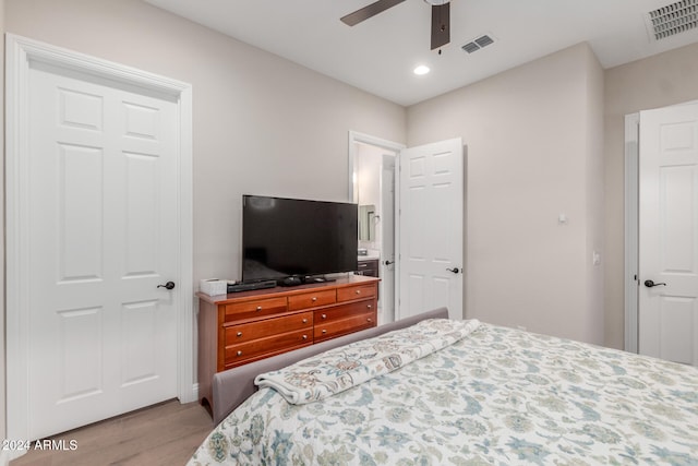 bedroom featuring ceiling fan and light wood-type flooring