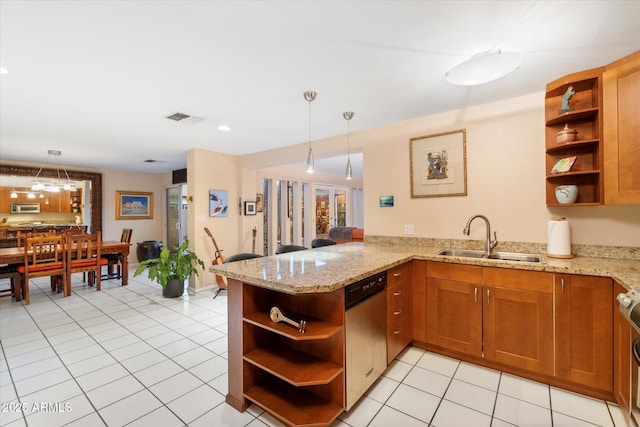 kitchen featuring open shelves, appliances with stainless steel finishes, a peninsula, and a sink