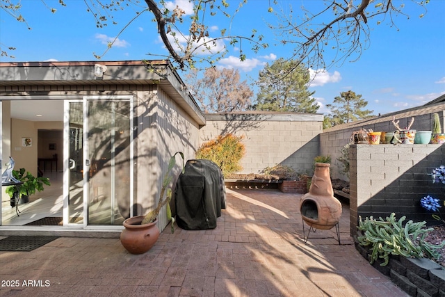 view of patio / terrace featuring a fenced backyard and a grill