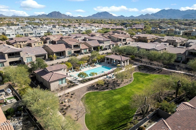 bird's eye view with a residential view and a mountain view