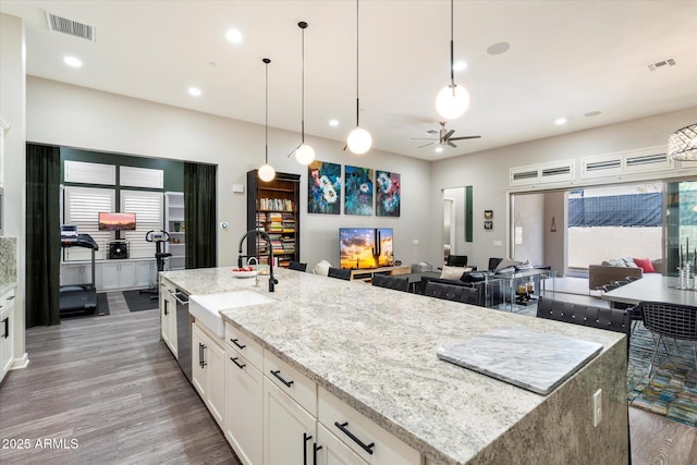 kitchen featuring a large island with sink, wood finished floors, visible vents, a sink, and open floor plan