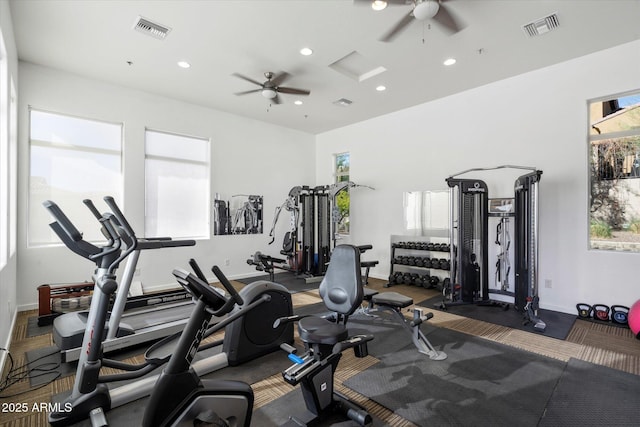 gym featuring baseboards, visible vents, recessed lighting, and ceiling fan