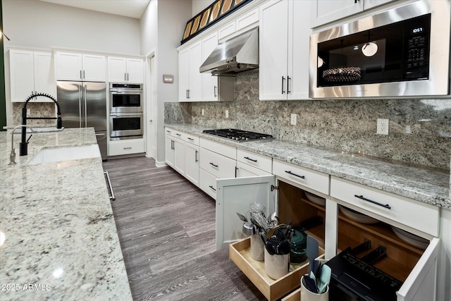 kitchen with white cabinets, dark wood finished floors, stainless steel appliances, extractor fan, and decorative backsplash