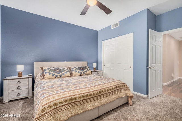 bedroom featuring ceiling fan and carpet flooring