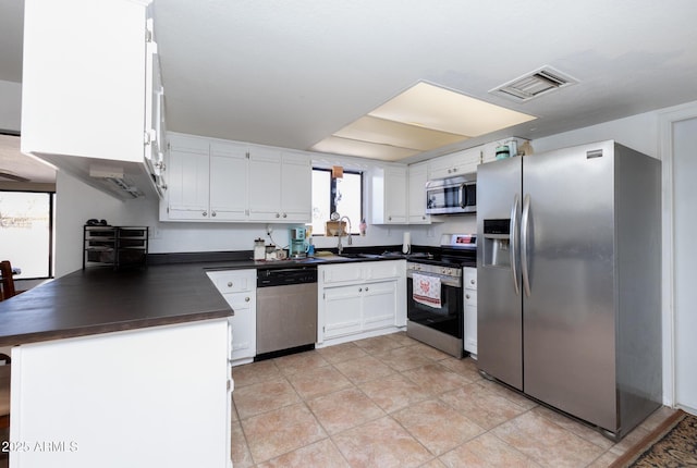 kitchen featuring light tile patterned flooring, sink, appliances with stainless steel finishes, kitchen peninsula, and white cabinets