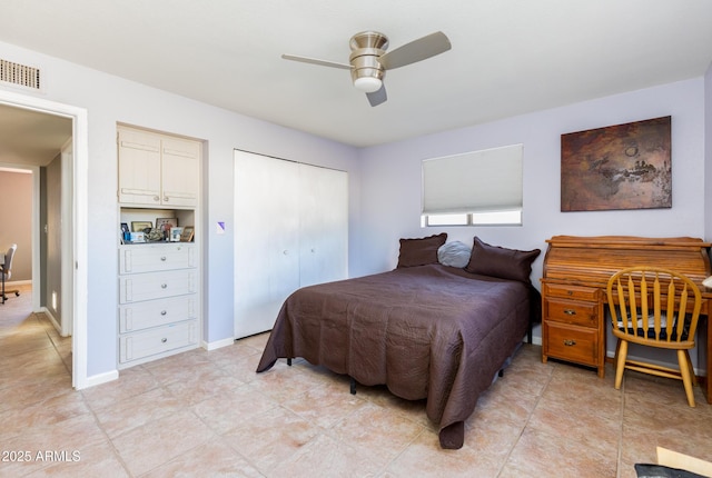 bedroom with ceiling fan and a closet