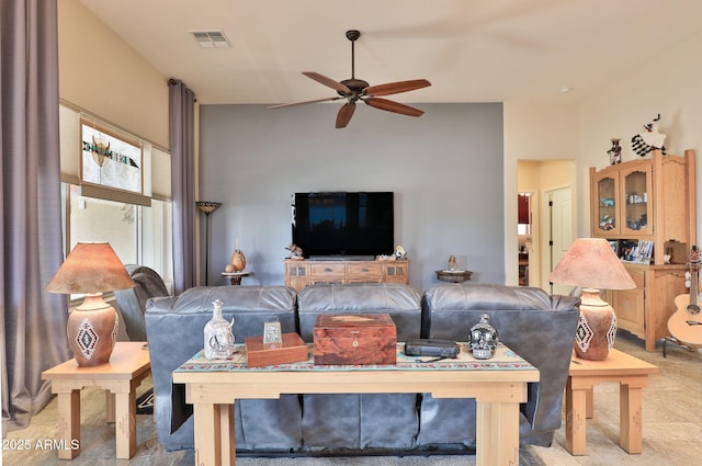 living room featuring ceiling fan