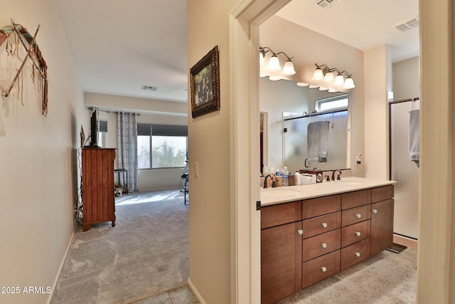 bathroom with vanity and walk in shower