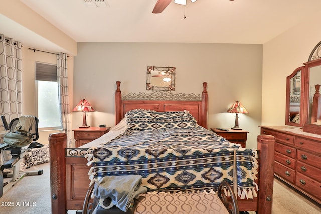 carpeted bedroom with ceiling fan