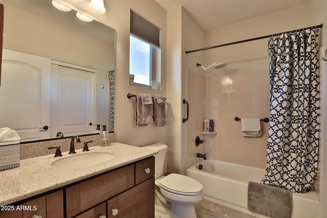 full bathroom with vanity, toilet, and shower / bath combo with shower curtain