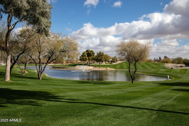 view of property's community featuring a lawn and a water view