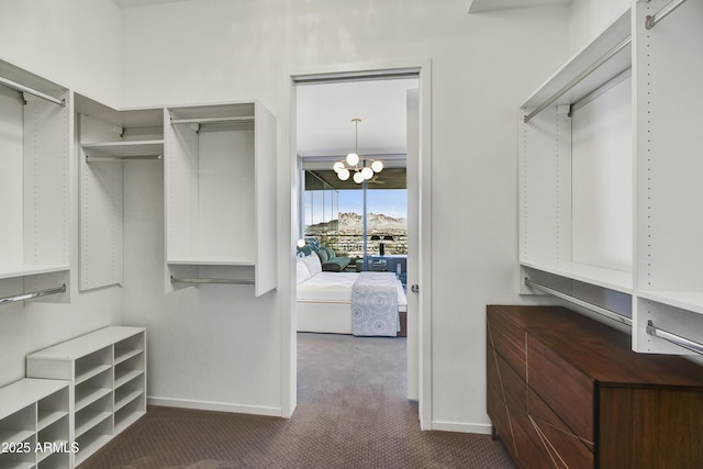 spacious closet featuring a chandelier and dark carpet