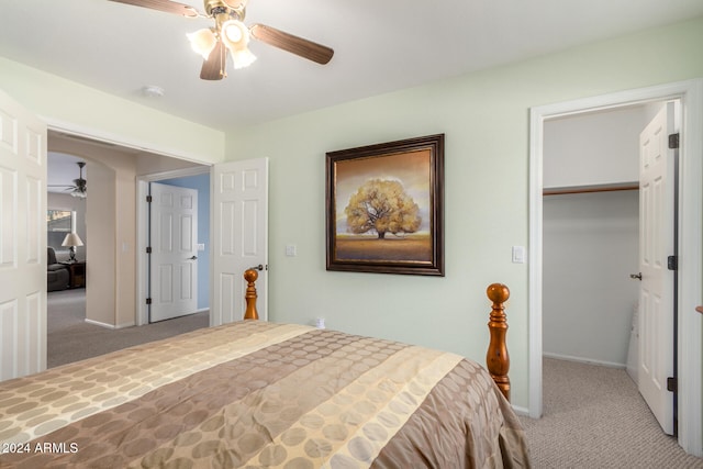 bedroom with carpet flooring, ceiling fan, a closet, and a spacious closet