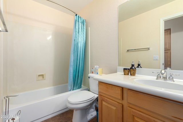 full bathroom with toilet, shower / bath combination with curtain, vanity, and tile patterned floors