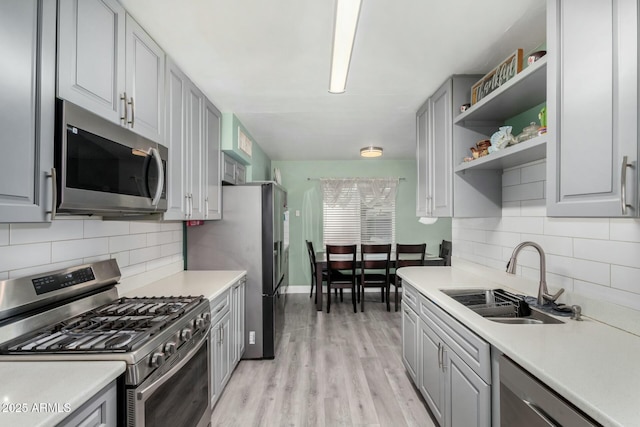 kitchen with open shelves, light countertops, gray cabinetry, appliances with stainless steel finishes, and a sink