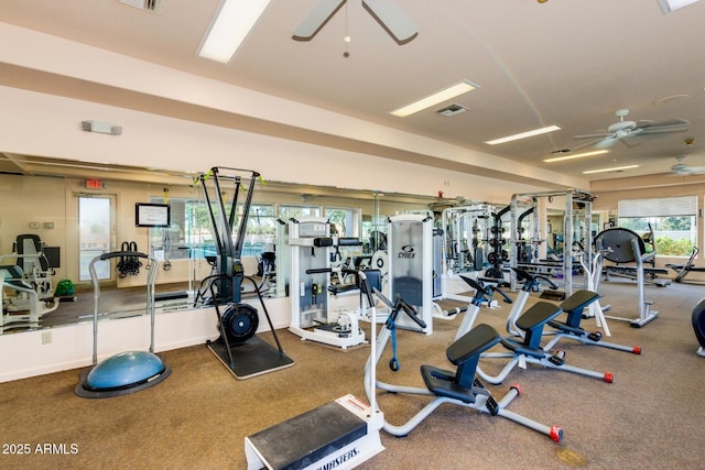 gym with visible vents and a ceiling fan