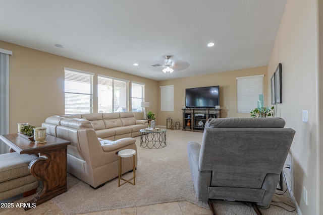 21841 N Ingram Ct, Maricopa, AZ 85138 - living room featuring ceiling fan, recessed lighting, and light carpet