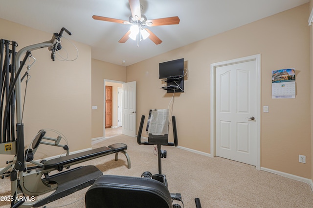 21841 N Ingram Ct, Maricopa, AZ 85138 - exercise room featuring ceiling fan, light carpet, and baseboards