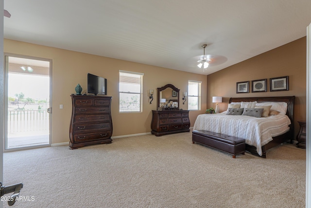 21841 N Ingram Ct, Maricopa, AZ 85138 - bedroom featuring access to exterior, carpet, baseboards, a ceiling fan, and lofted ceiling