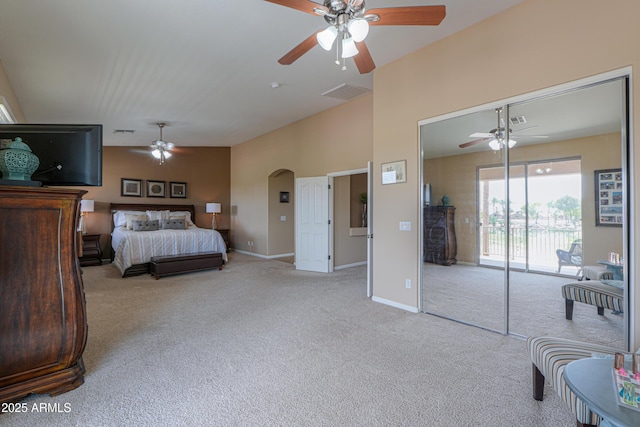 21841 N Ingram Ct, Maricopa, AZ 85138 - carpeted bedroom with access to exterior, baseboards, and a ceiling fan