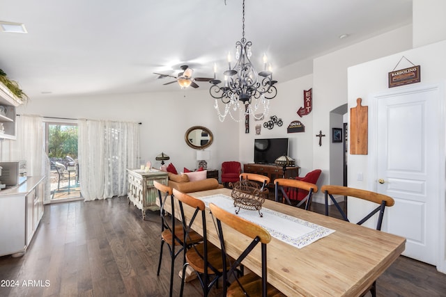 dining area featuring lofted ceiling, ceiling fan, and dark wood-style flooring