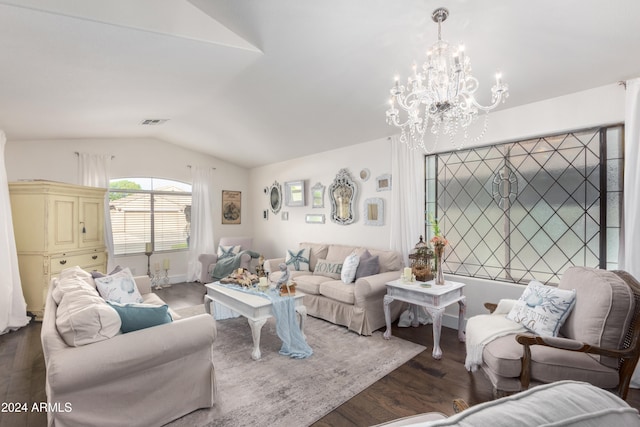 living area featuring vaulted ceiling, dark wood-style floors, and visible vents