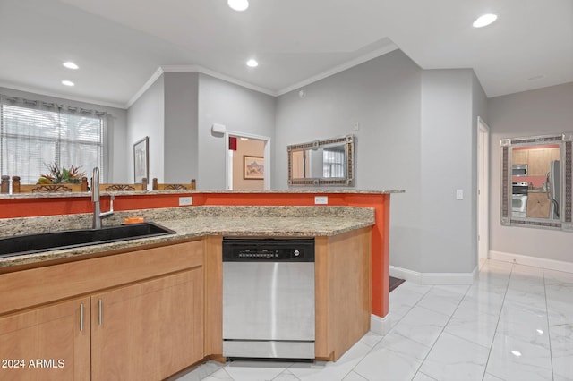 kitchen featuring light stone counters, appliances with stainless steel finishes, light brown cabinetry, ornamental molding, and sink