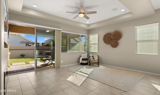 4341 E Evelyn St, Gilbert, AZ 85295 - sitting room with ceiling fan, tile patterned floors, a raised ceiling, and recessed lighting