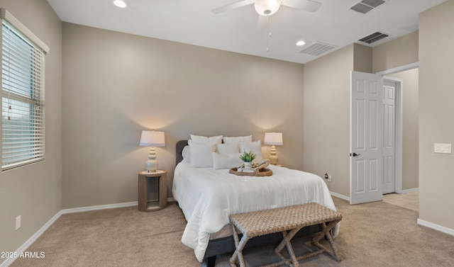 4341 E Evelyn St, Gilbert, AZ 85295 - bedroom with light carpet, ceiling fan, and recessed lighting