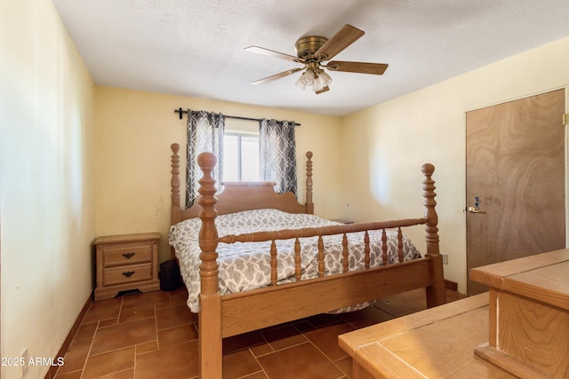 bedroom with a textured ceiling and ceiling fan